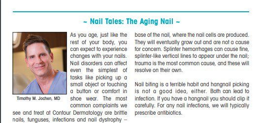 The most common complaints we see and treat at Contour Dermatology are brittle nails, funguses, infections and nail dystrophy – the yellowing, thickening, ridges and misshapen nail beds of the toes or fingers.